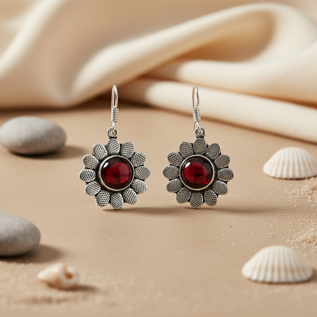 925 Silver Red Garnet Flower Earrings for Women | Gift Jewelry