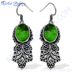 Load image into Gallery viewer, 925 sterling silver dangle earrings with oval green gemstone center for women
