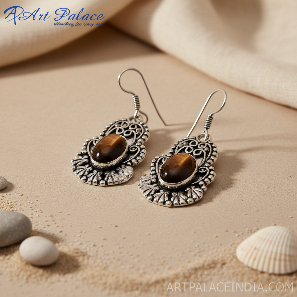 925 sterling silver dangle earrings with oval tiger eye gemstone center, detailed openwork design, for women
