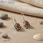 Load image into Gallery viewer, 925 sterling silver sunstone drop earrings. Featuring a rich brown gemstone with sparkly accents, perfect for women.
