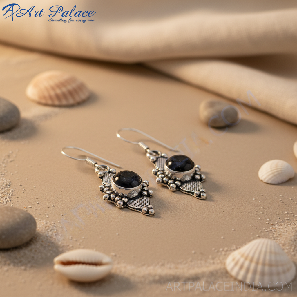 925 sterling silver dangle earrings featuring a round black onyx gemstone set in an ornate design