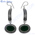 Load image into Gallery viewer, Sterling silver drop earrings featuring oval green onyx gemstones, perfect for any occasion.
