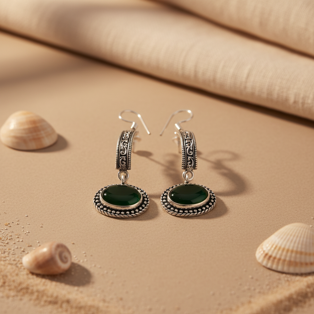925 Silver Green Onyx Drop Earrings for Women | Gift