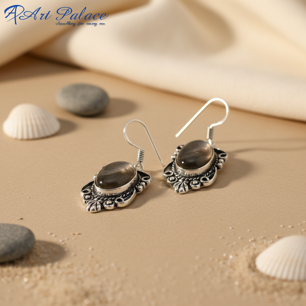 925 sterling silver dangle earrings featuring an oval-shaped grey stone for women.
