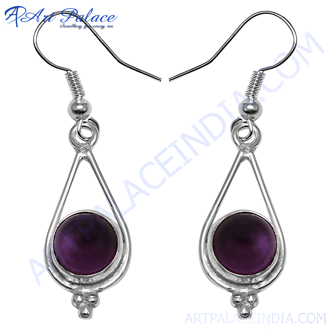 925 sterling silver drop earrings with a round purple amethyst gemstone in the center