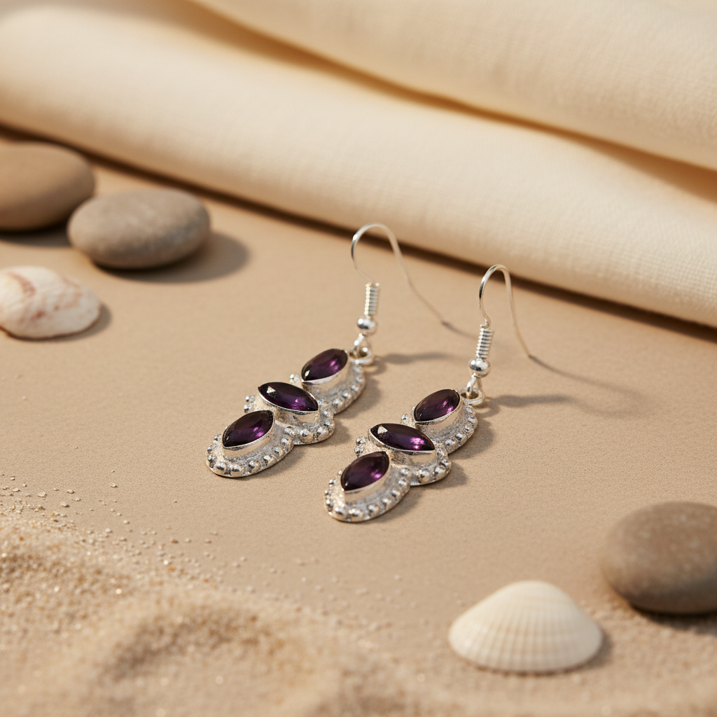 925 sterling silver drop earrings with oval and marquise cut purple amethyst gemstones