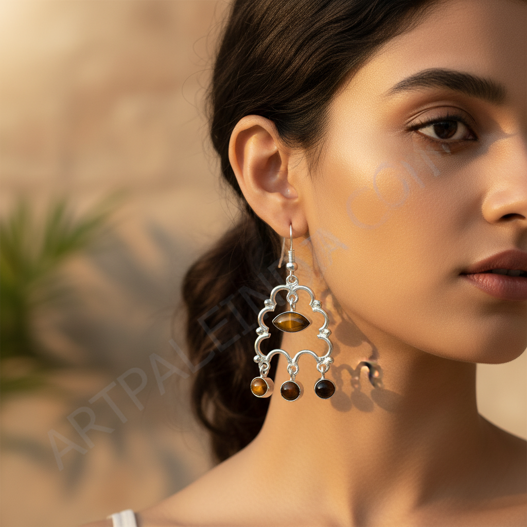925 Silver Tiger Eye Gemstone Drop Earrings for Women