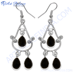 Load image into Gallery viewer, 925 silver dangle earrings with black onyx teardrop gemstones, elegant women&#39;s jewelry.
