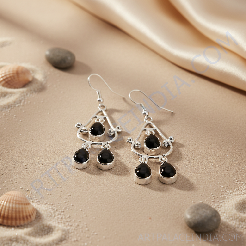 925 silver dangle earrings with black onyx teardrop gemstones, elegant women's jewelry