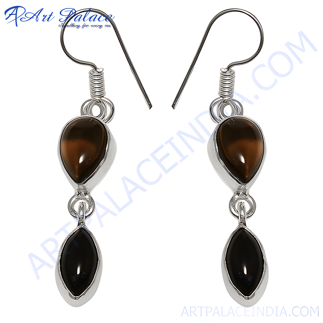 925 Silver Smoky Quartz & Onyx Drop Earrings for Women