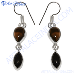 Load image into Gallery viewer, 925 Silver Smoky Quartz &amp; Onyx Drop Earrings for Women
