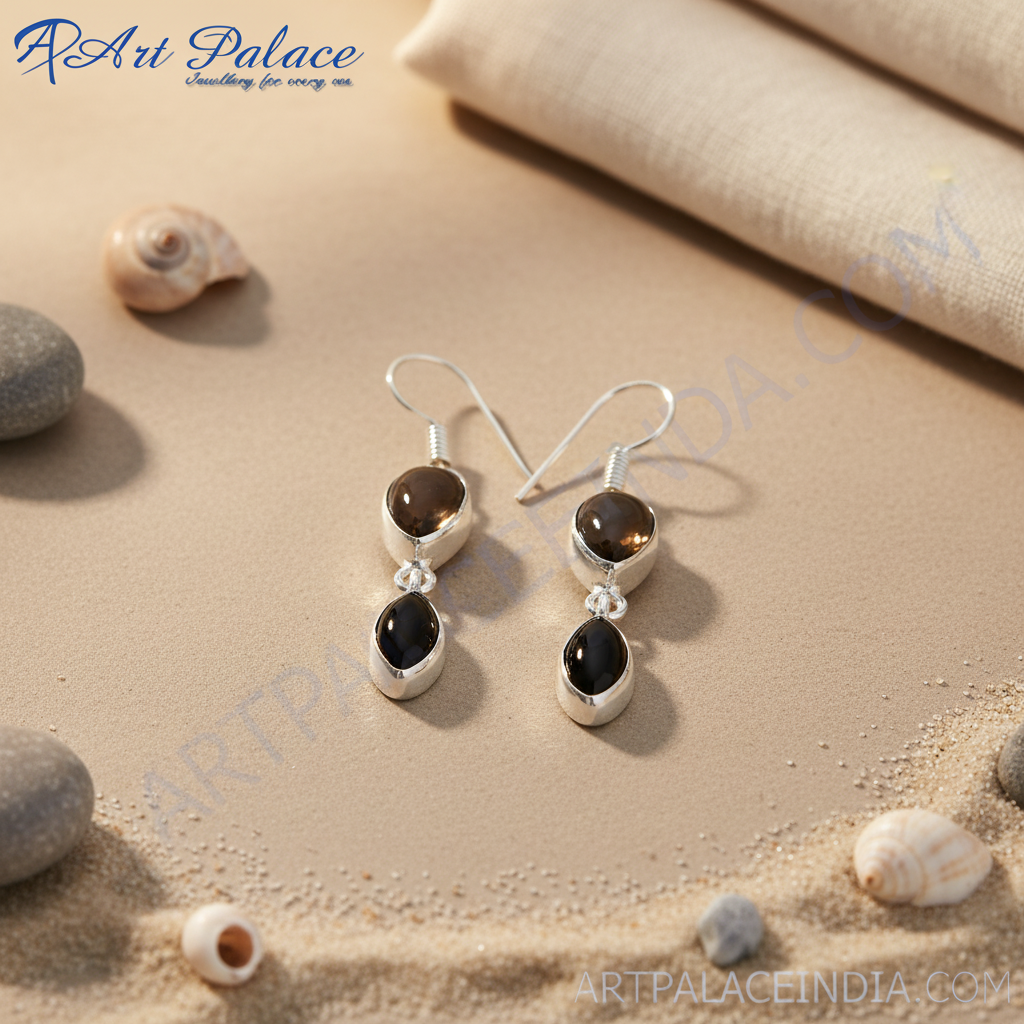 925 sterling silver drop earrings with brown smoky quartz and black onyx gemstones