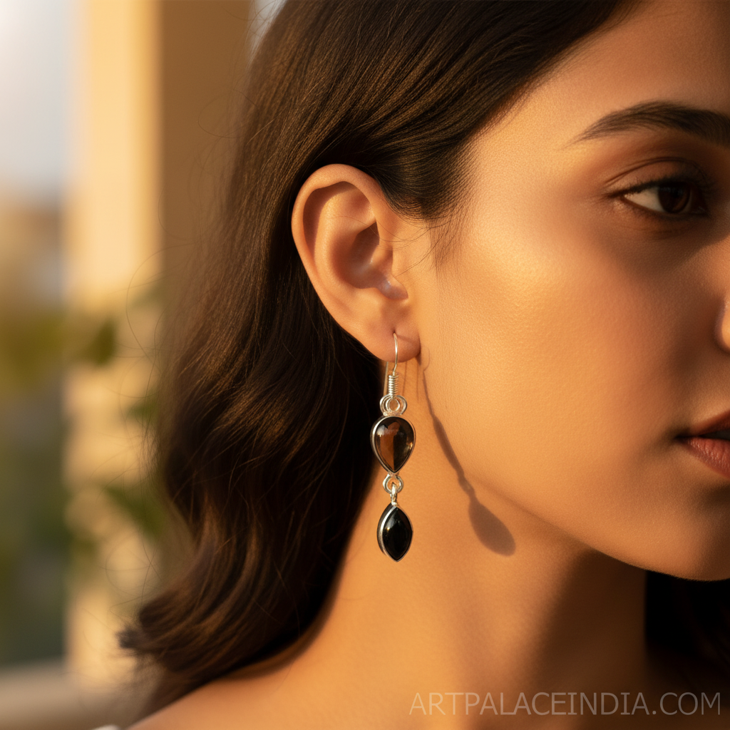 925 Silver Smoky Quartz & Onyx Drop Earrings for Women