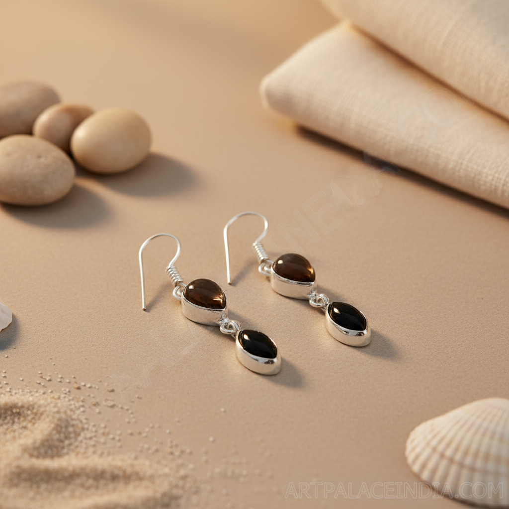 925 Silver Smoky Quartz & Onyx Drop Earrings for Women