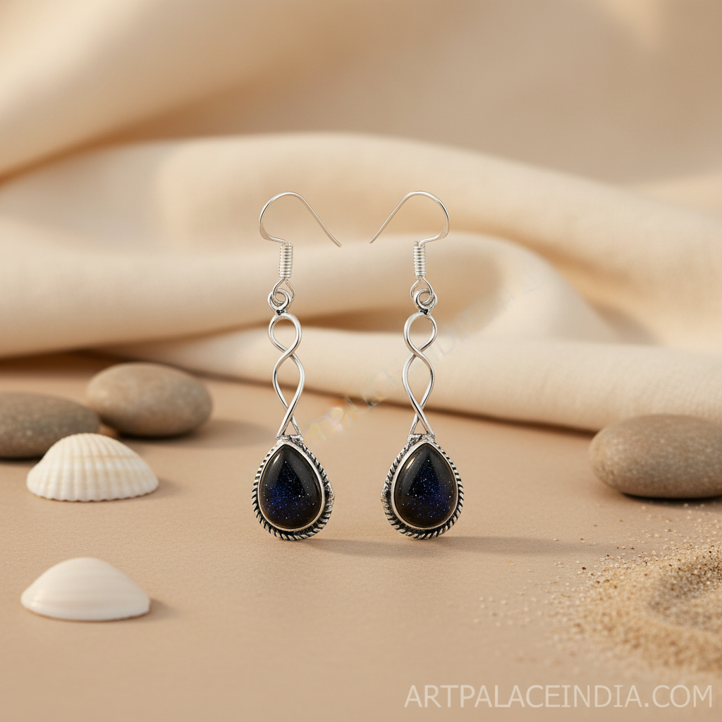 925 sterling silver drop earrings with blue sandstone teardrop gemstones, ideal for women