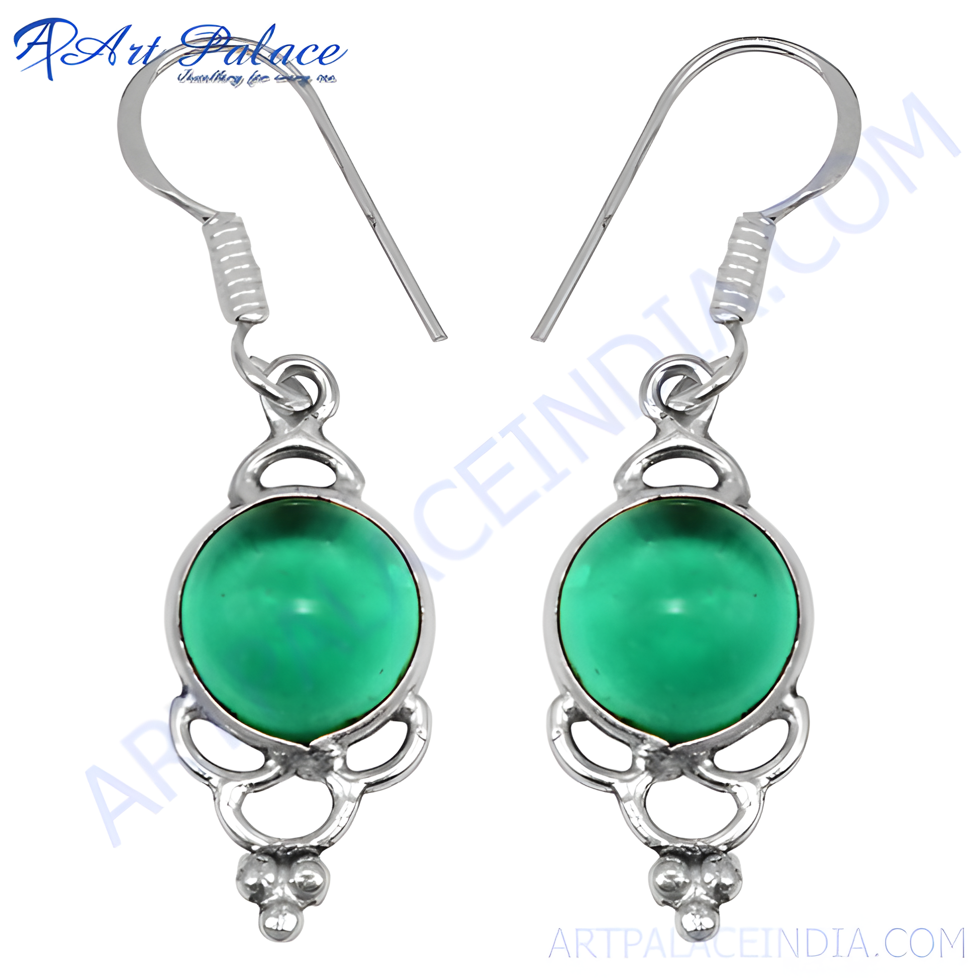 925 sterling silver drop earrings with a round green gemstone in a silver setting, for women.