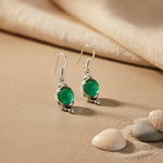 Load image into Gallery viewer, 925 sterling silver drop earrings with a round green gemstone in a silver setting, for women.
