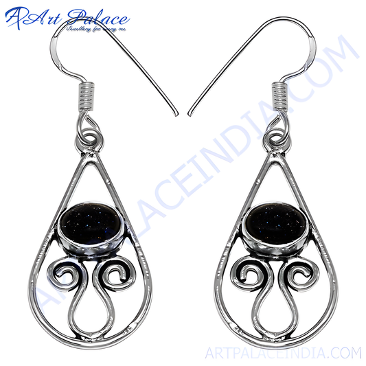 925 sterling silver teardrop earrings with oval blue sandstone gemstone center