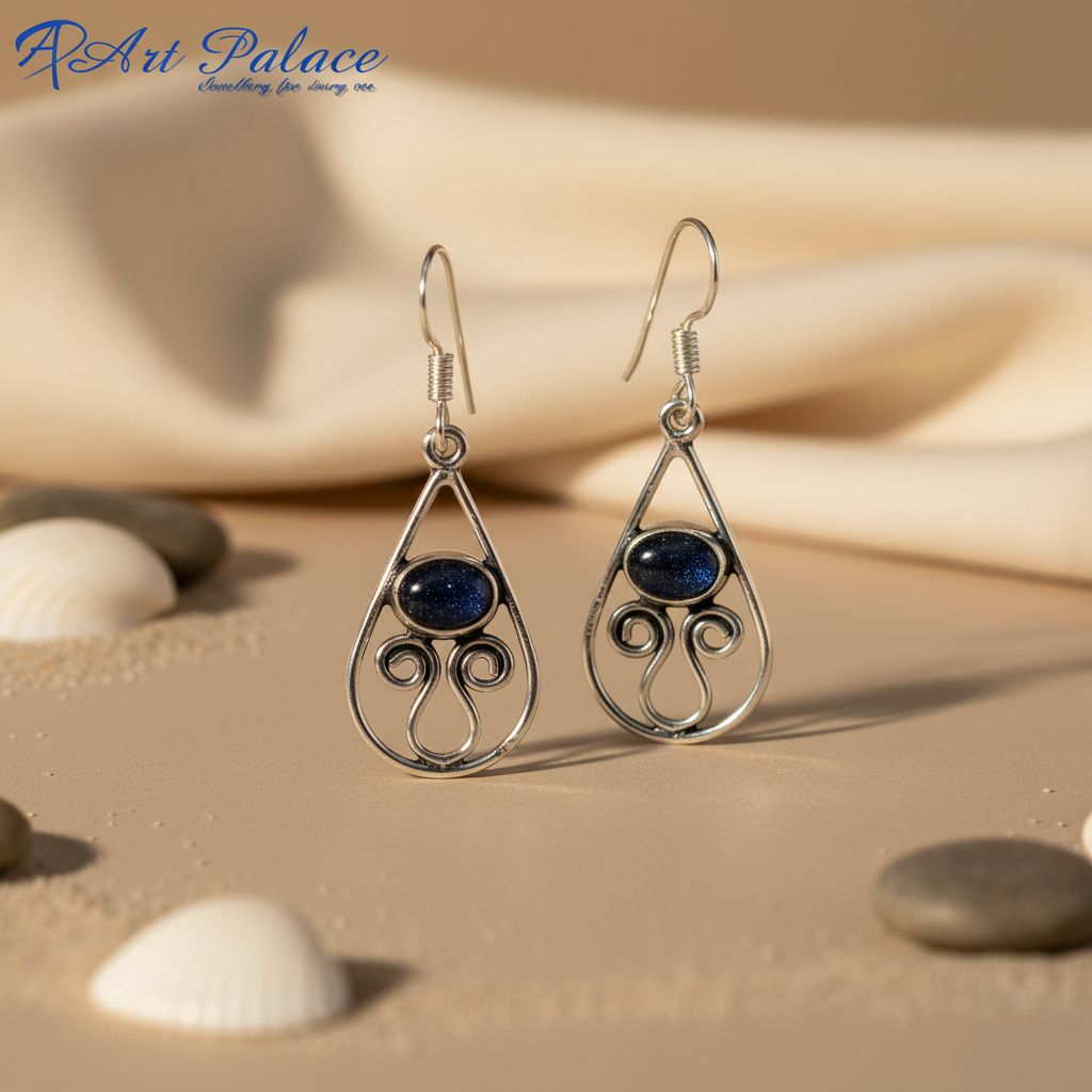925 sterling silver teardrop earrings with oval blue sandstone gemstone center