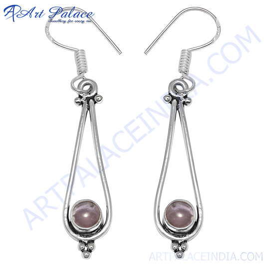 925 sterling silver teardrop earrings with a round pink gemstone set in the center. Dangle design for women.