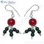 Load image into Gallery viewer, Silver drop earrings featuring red and green gemstones; a perfect gift for her
