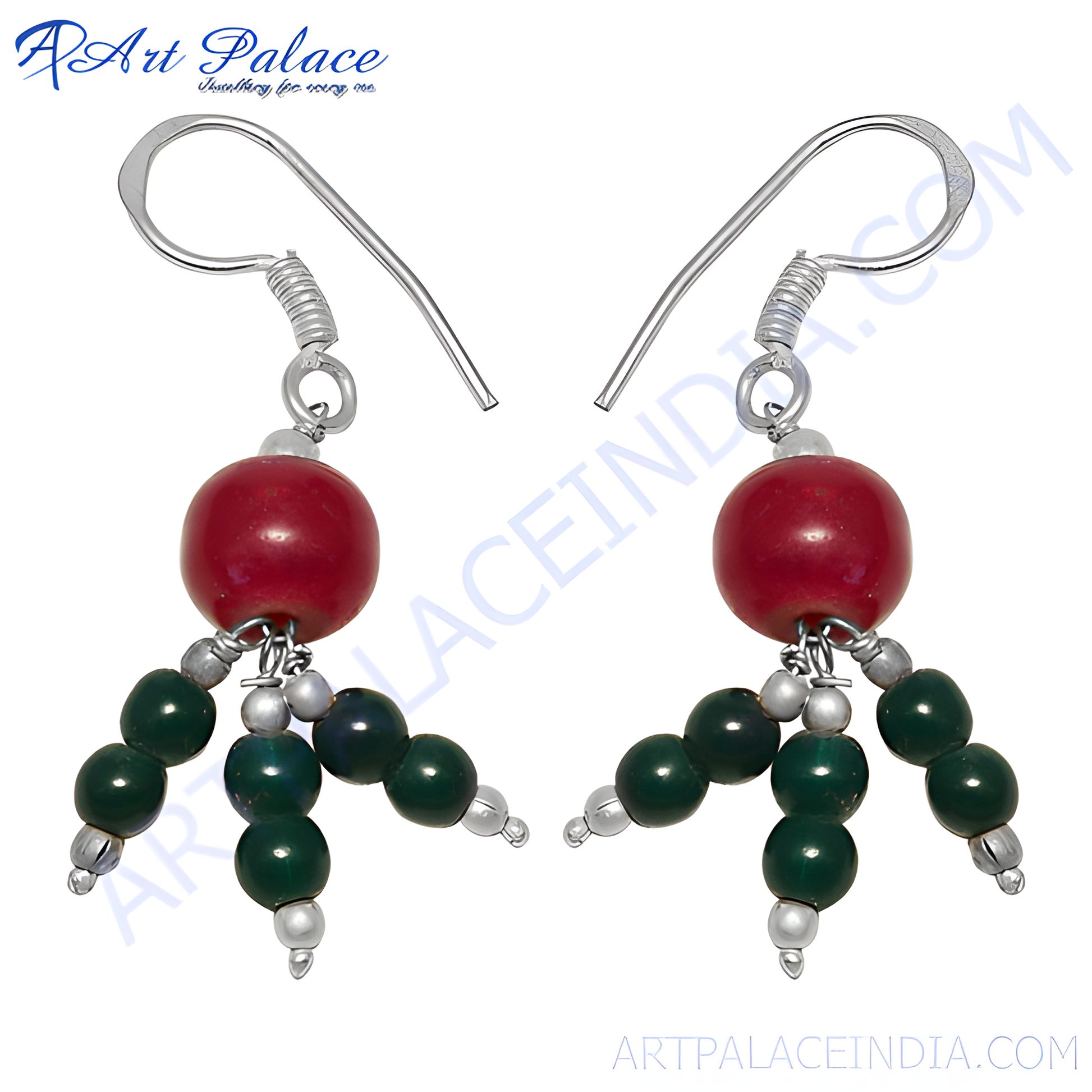 Silver drop earrings featuring red and green gemstones; a perfect gift for her