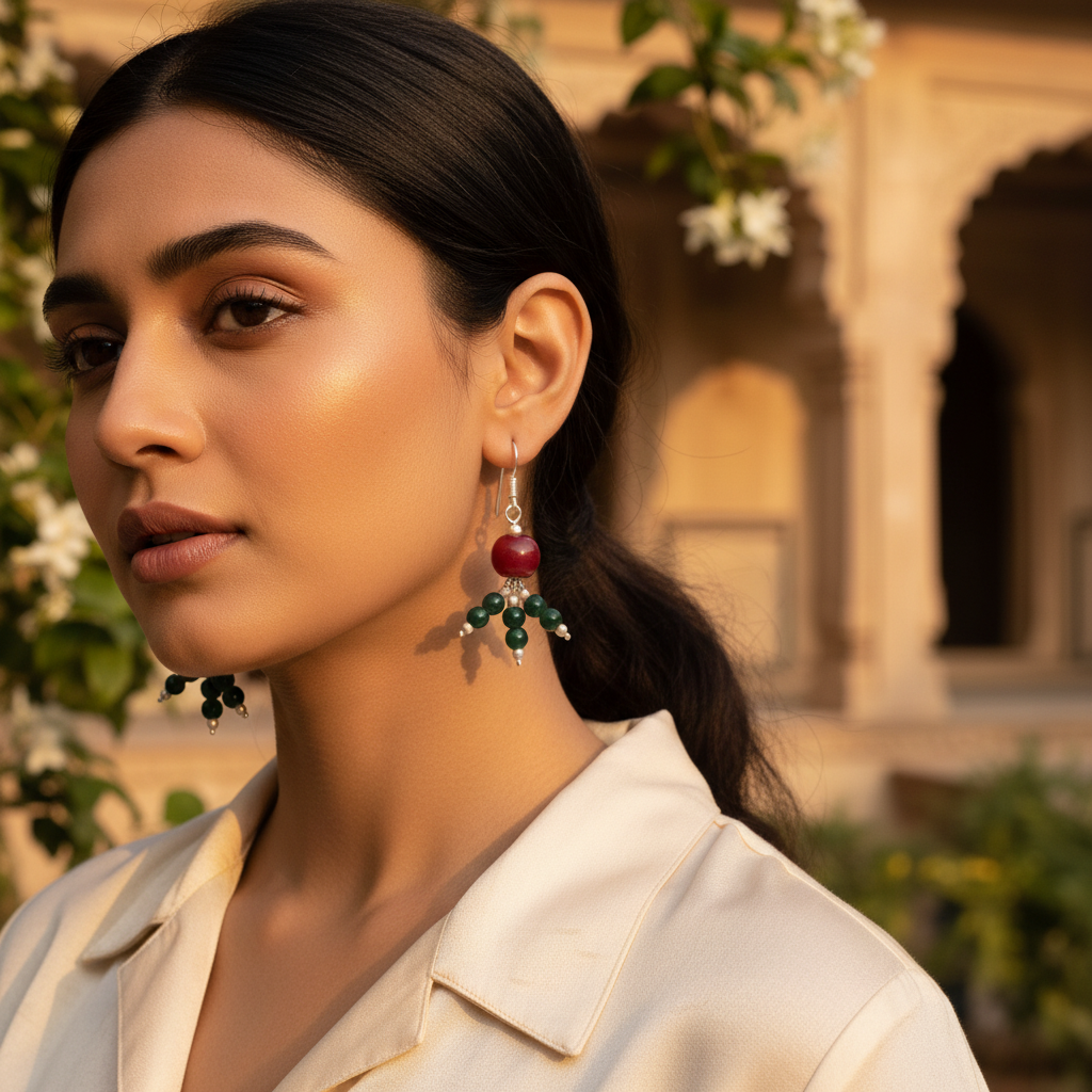 Silver Bead Drop Earrings | Red & Green Gemstone Jewelry