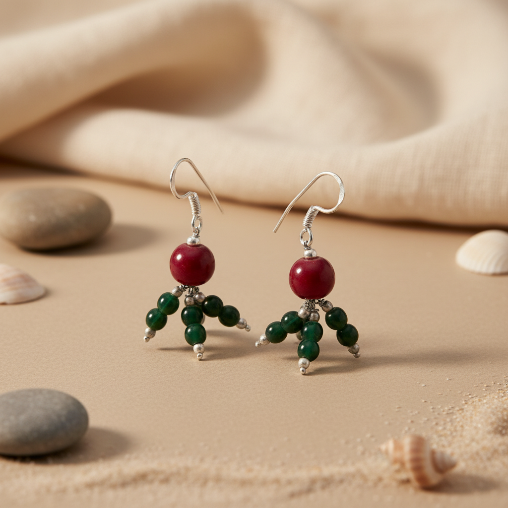 Silver Bead Drop Earrings | Red & Green Gemstone Jewelry