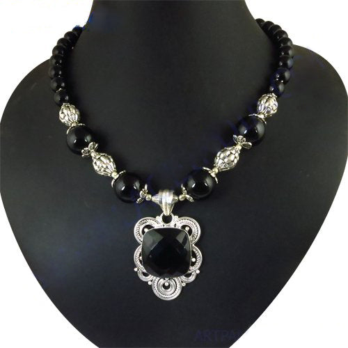 Black Onyx Bead Necklace with Silver Pendant | Women's Jewelry
