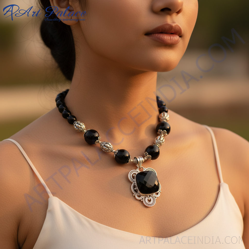 Black Onyx Bead Necklace with Silver Pendant | Women's Jewelry