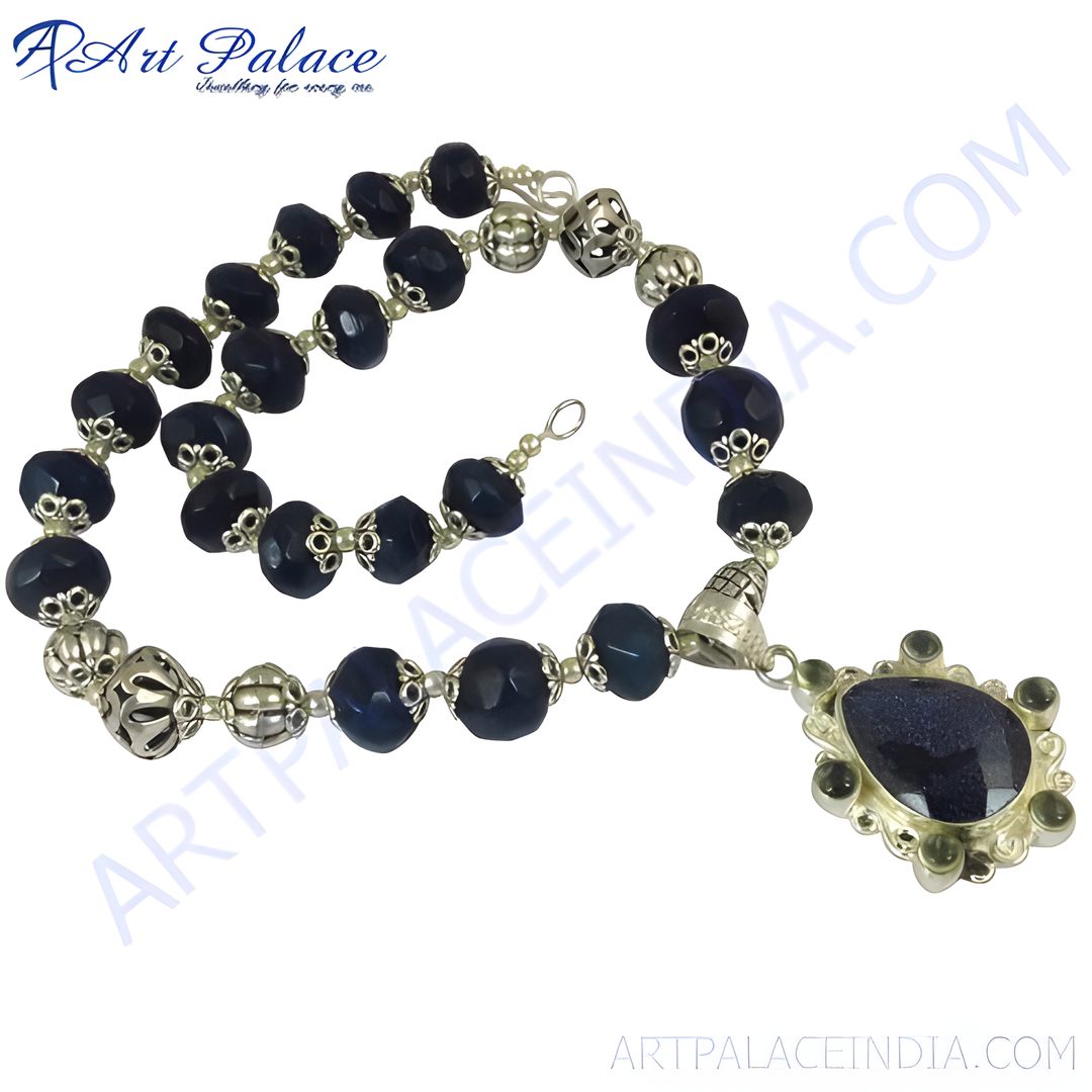 Silver beaded necklace with blue gemstone pendant, perfect for a gift or daily wear, featuring intricate silver work.
