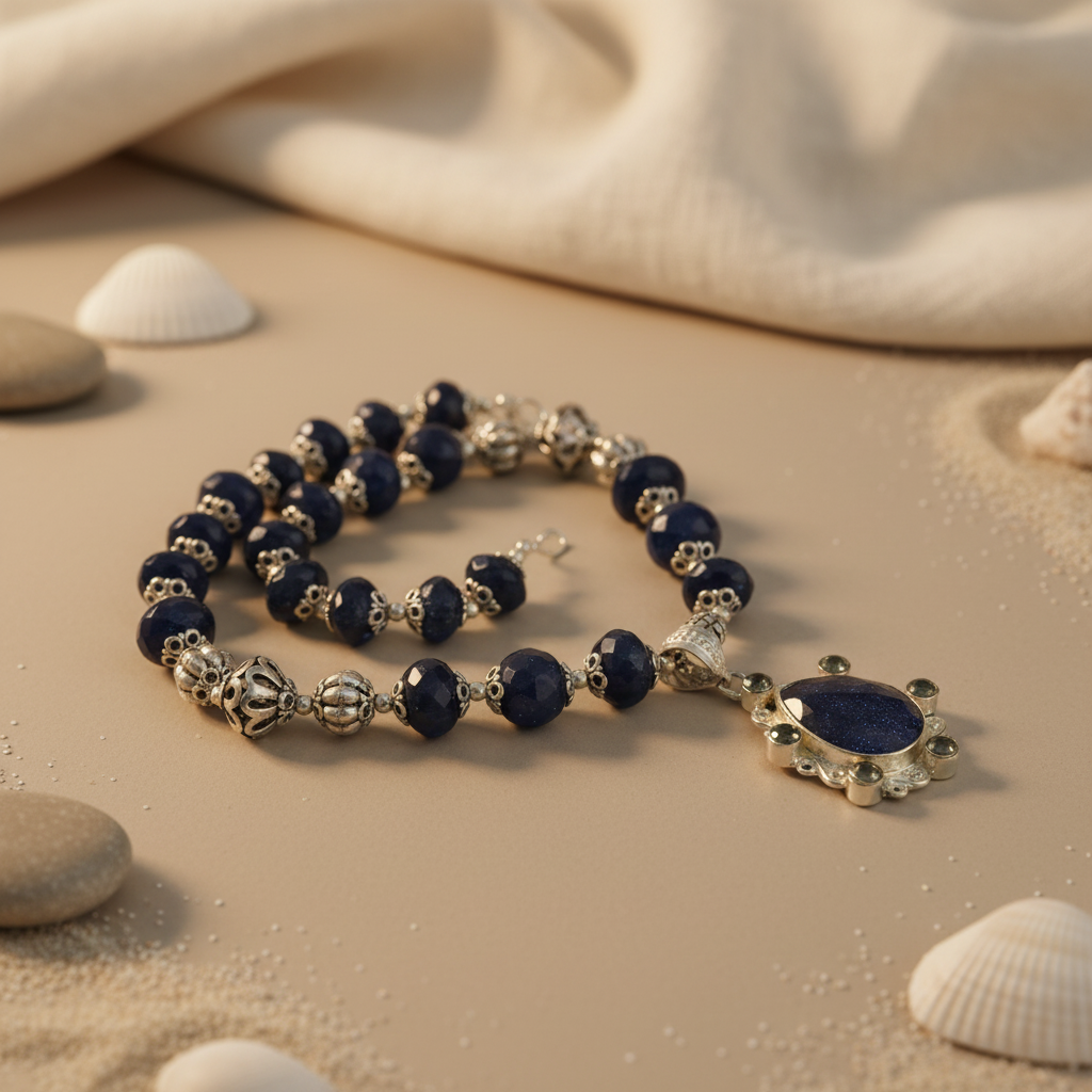 Silver Blue Sandstone Bead Necklace for Women | Gift Jewelry
