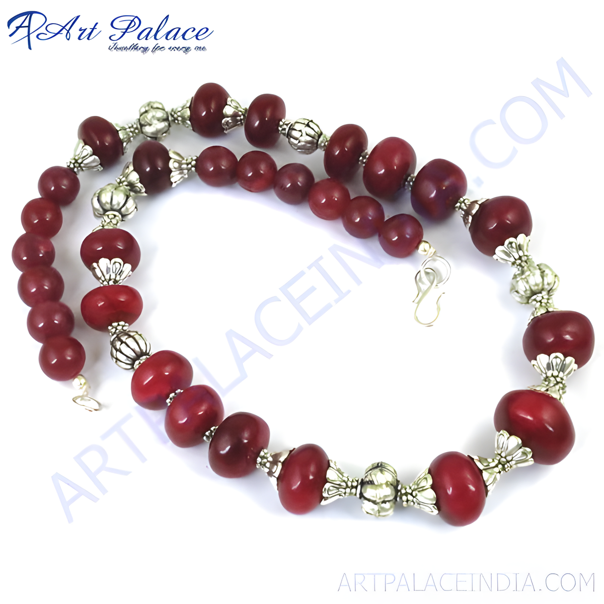 Red stone bead necklace with silver toned accents for women, statement jewelry, a unique necklace design
