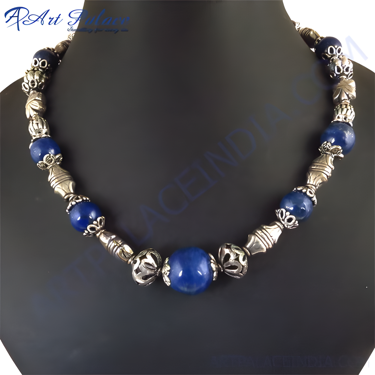 Sterling silver beaded necklace with round blue gemstones and ornate silver beads, perfect for women's fashion jewelry