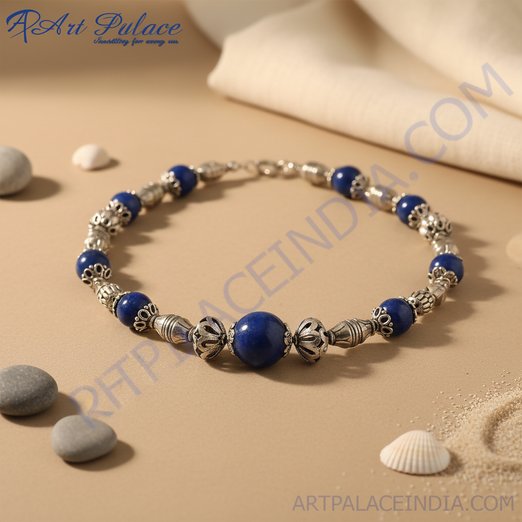 Sterling silver beaded necklace with round blue gemstones and ornate silver beads, perfect for women's fashion jewelry