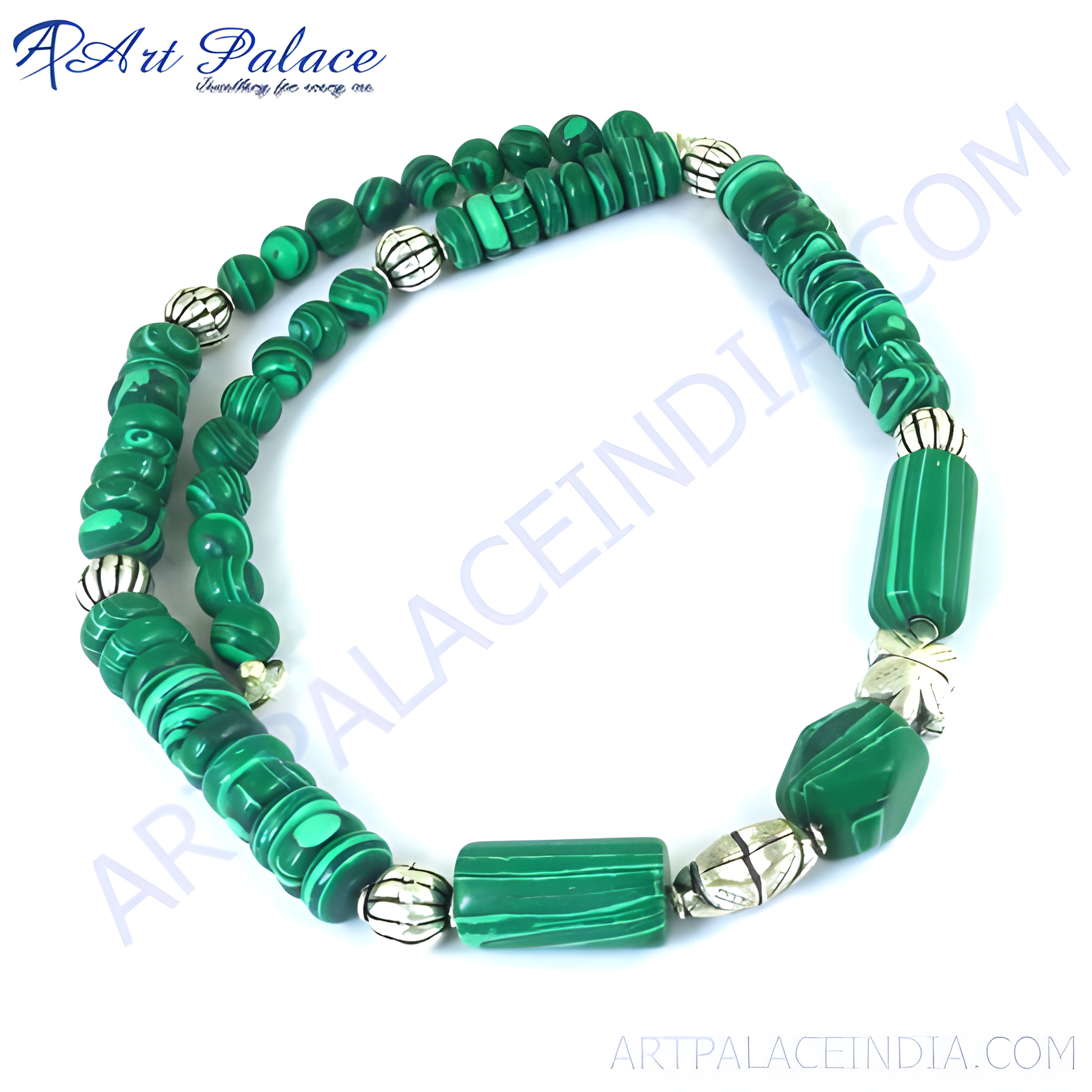 A malachite bead necklace featuring green gemstone beads and silver accents, showcasing a natural and elegant design.
