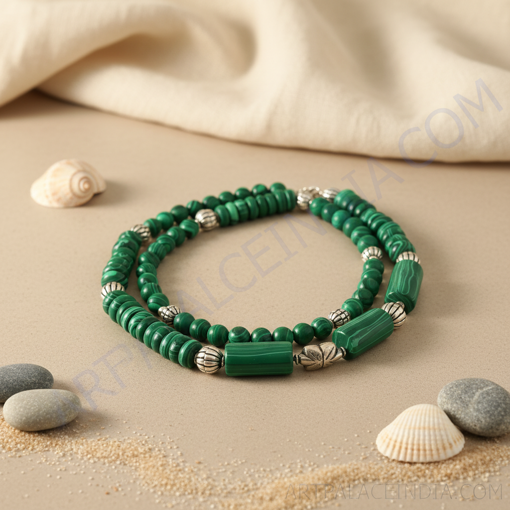 A malachite bead necklace featuring green gemstone beads and silver accents, showcasing a natural and elegant design