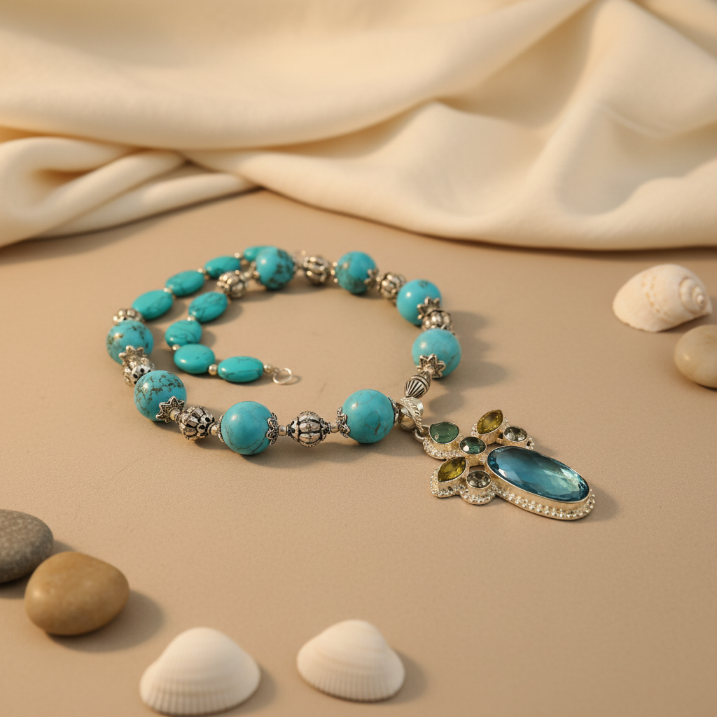 Turquoise Bead Necklace with Silver Accents | Statement Jewelry