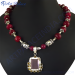 Load image into Gallery viewer, Red agate bead necklace with a silver pendant, featuring a large rectangular gemstone.
