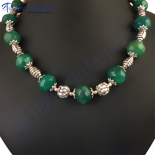 Sterling silver necklace with green agate beads. A stylish and elegant gemstone necklace.