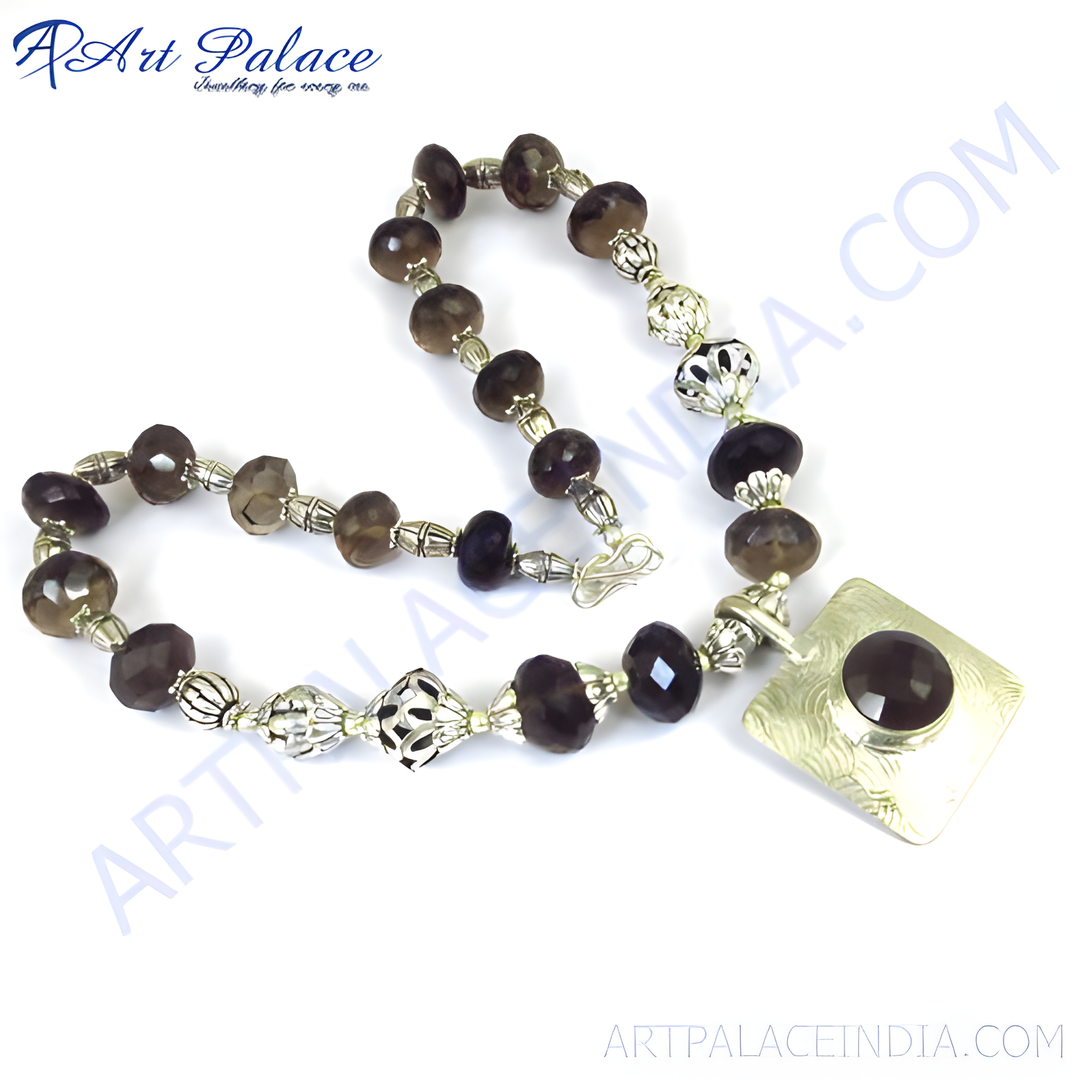 Smoky quartz beaded necklace with silver accents and a large pendant, perfect for women's fashion