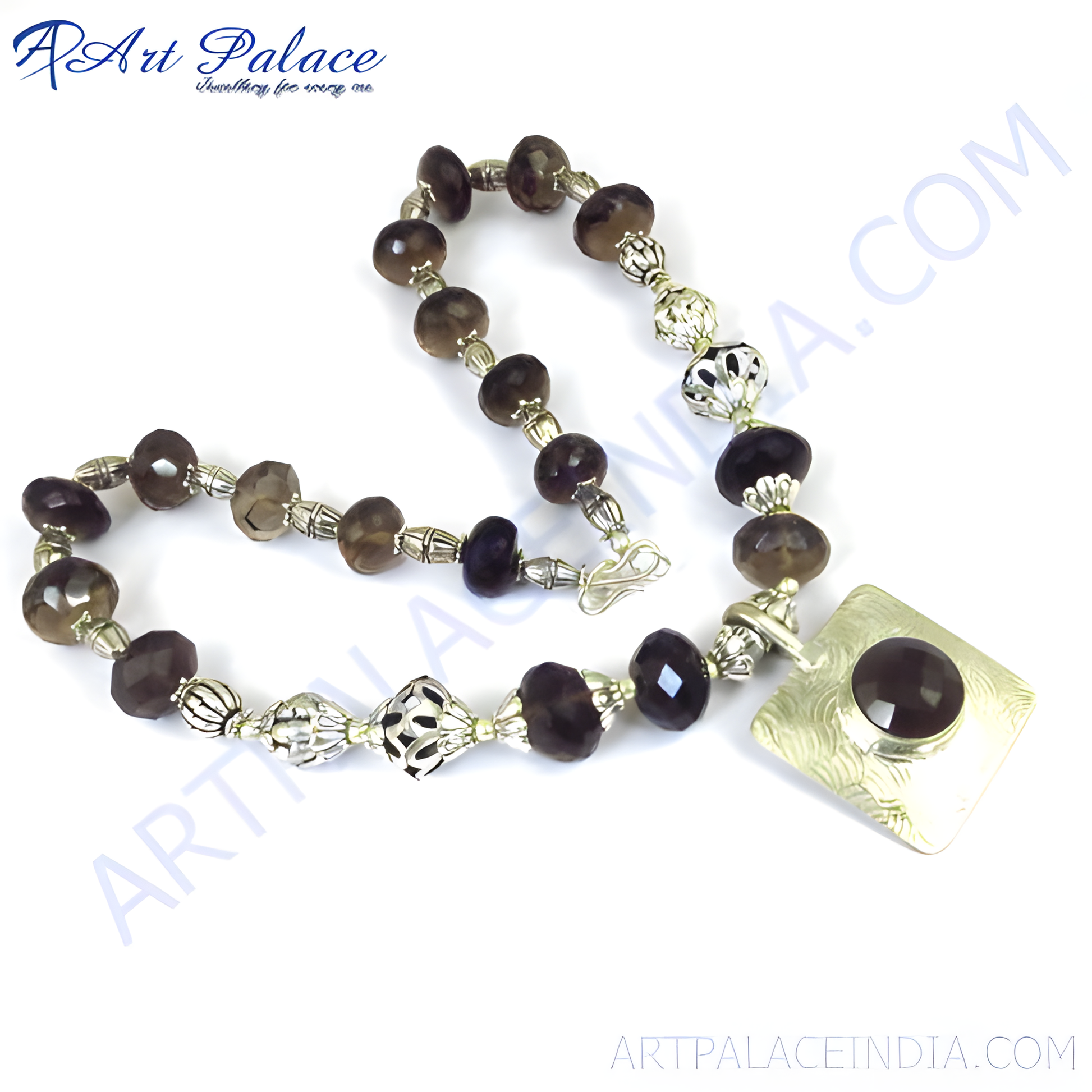 Smoky quartz beaded necklace with silver accents and a large pendant, perfect for women's fashion