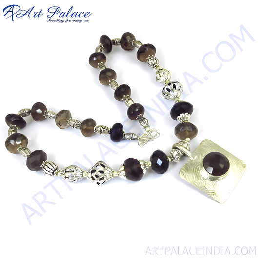 Smoky quartz beaded necklace with silver accents and a large pendant, perfect for women's fashion