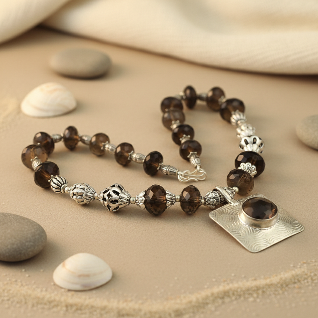Smoky Quartz Bead Necklace | 925 Silver | Women's Fashion Jewelry
