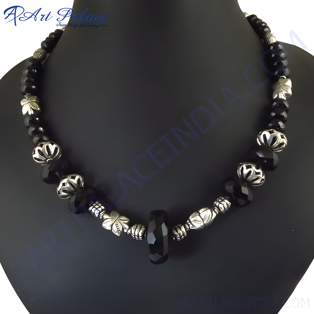 Black onyx beaded necklace with silver accents, perfect for women's daily wear or gifting