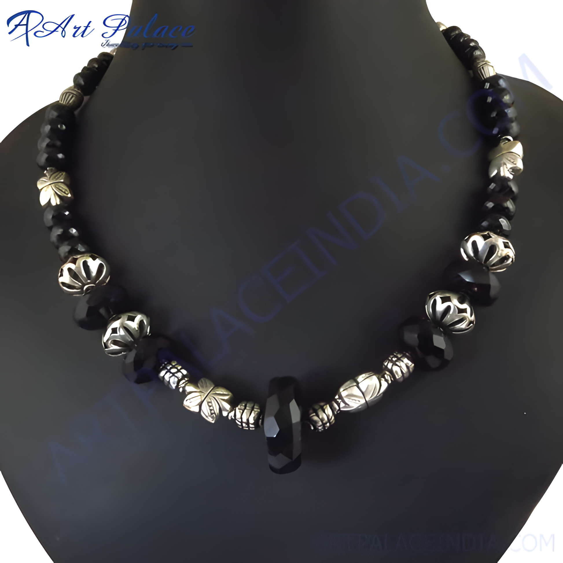 Black onyx beaded necklace with silver accents, perfect for women's daily wear or gifting