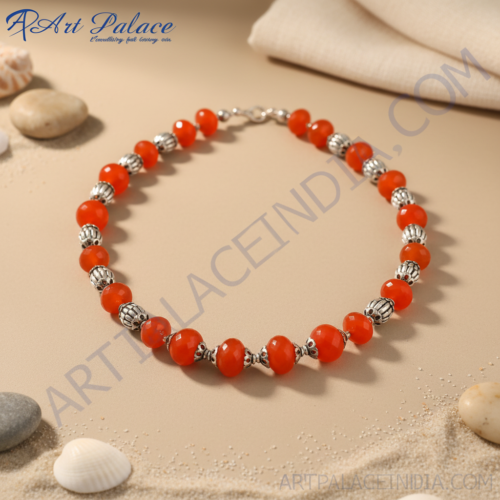 Red gemstone beaded necklace with silver accent beads on a black mannequin, stunning red and silver necklace for women