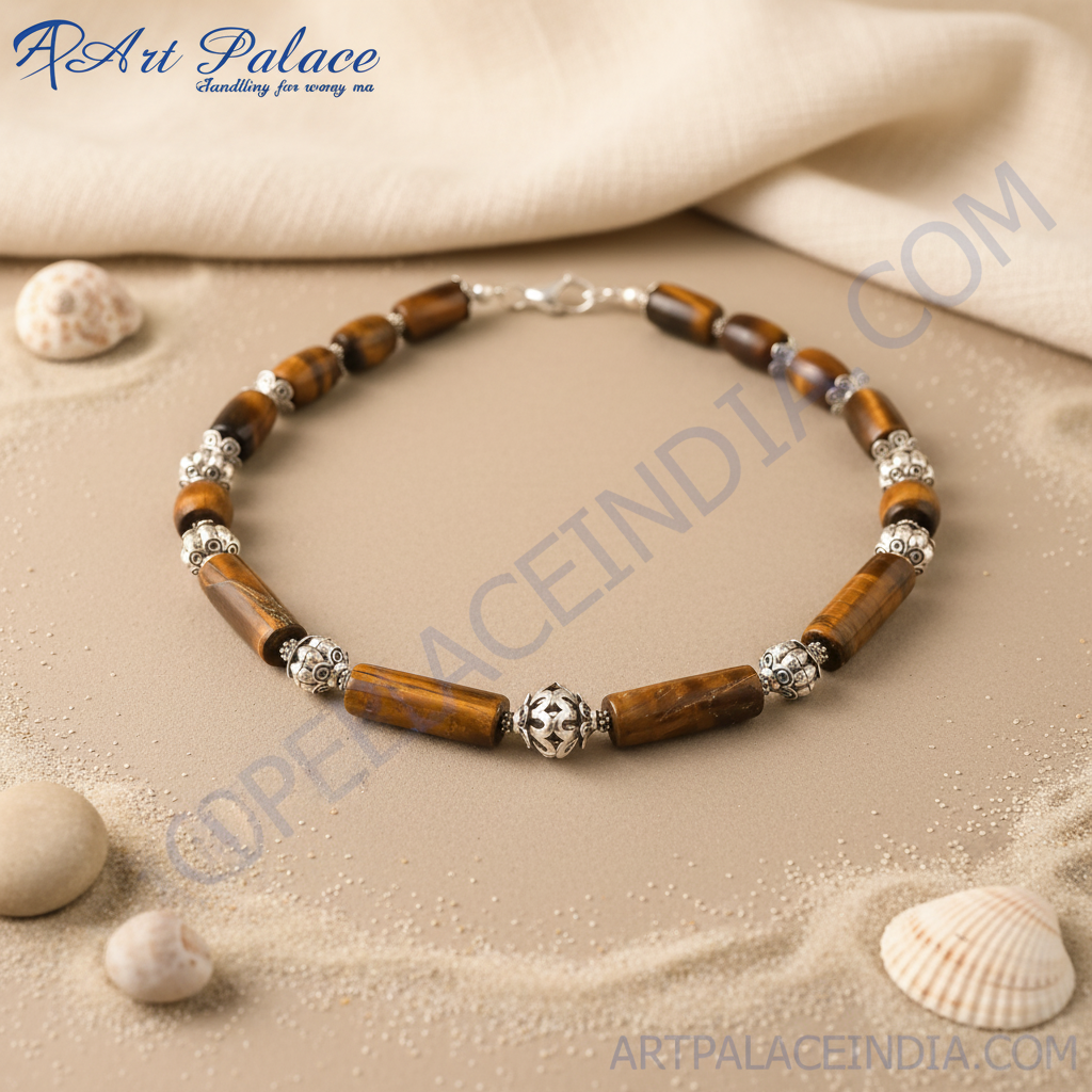Tiger eye beaded necklace with silver accents on a black background.