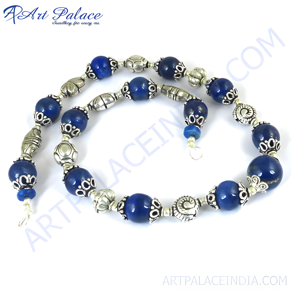 Sterling silver beaded necklace with round dark blue lapis lazuli gemstone beads for women