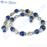 Load image into Gallery viewer, Sterling silver beaded necklace with round dark blue lapis lazuli gemstone beads for women.
